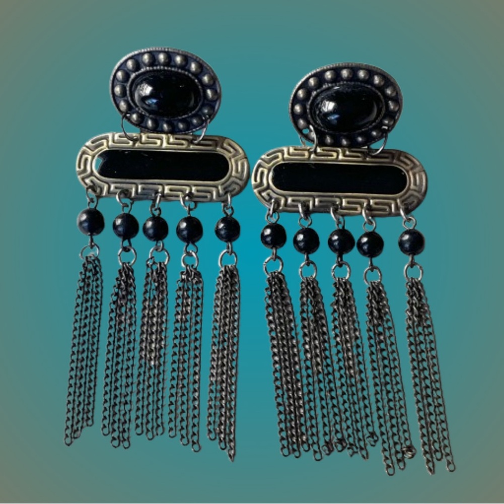 Vtg designer style aged brass & black plastic dangle earrings chain Greek key